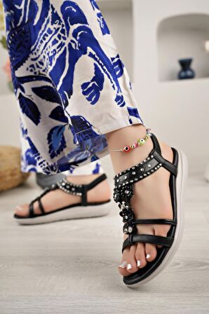 Guja 24y162 Kadn Taşlı Düz Taban Comfort Sandalet Siyah