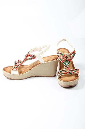 Guja 24y156-2 Kadın Taşlı 8 Cm Dolgu Topuklu Comfort Sandalet Beyaz