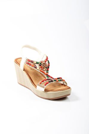 Guja 24y156-2 Kadın Taşlı 8 Cm Dolgu Topuklu Comfort Sandalet Beyaz