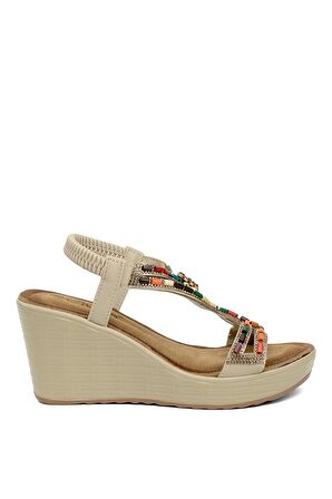 Guja 24y156-2 Kadın Taşlı 8 Cm Dolgu Topuklu Comfort Sandalet Bej
