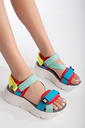 Sandal Spor Ss001 Kadın Dolgu Topuklu Spor Sandalet Yeşil - Mavi