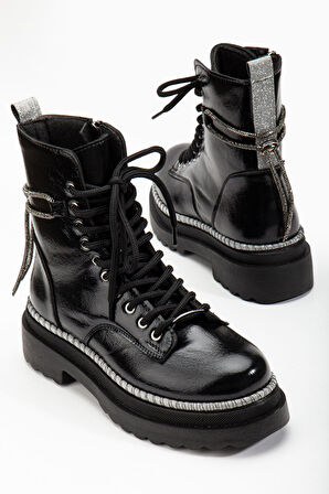 White Line 45 Kadın Simli Sargılı Kısa Postal Bot Siyah Kırışık Rugan