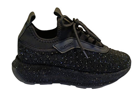 White Line Prens 116-2 Kadın Taşlı Sneaker Ayakkabı Siyah