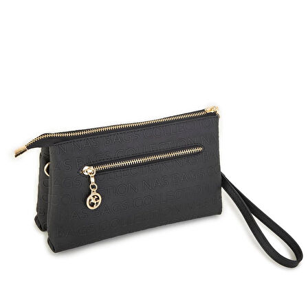 Nas 1055 Kadın Çapraz Ve Clutch Çanta Bilek Ve Çapraz Askılı Çanta Siyah Baskılı