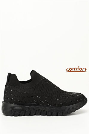 Divamod 502 Kadın Siyah Triko Taşlı Memory Foam Tabanlıklı Comfort Sneaker Siyah