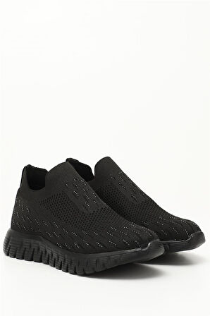 Divamod 502 Kadın Siyah Triko Taşlı Memory Foam Tabanlıklı Comfort Sneaker Siyah