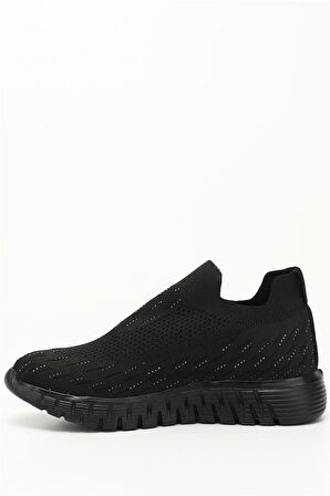 Divamod 502 Kadın Siyah Triko Taşlı Memory Foam Tabanlıklı Comfort Sneaker Siyah