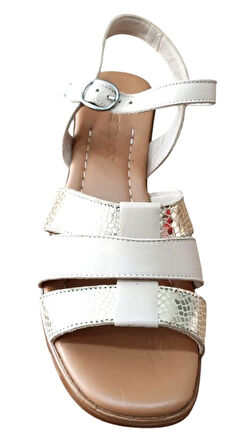 Castle Black 45204 Kadın Hakiki Deri Kalın Kısa Topuklu Comfort Sandalet Bej