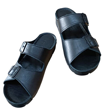 Castle Black 20317 Kadın Hakiki Deri İki Tokalı Comfort Terlik Siyah