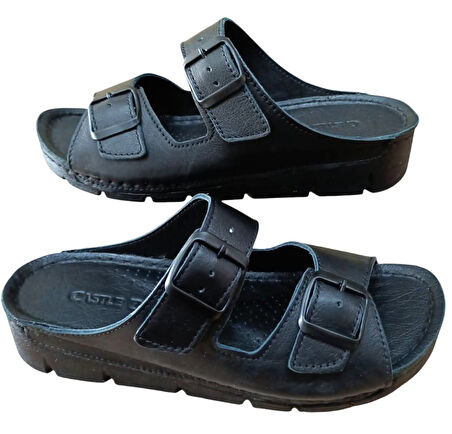 Castle Black 20317 Kadın Hakiki Deri İki Tokalı Comfort Terlik Siyah
