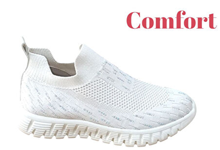 Divamod 502 Kadın Bej Triko Taşlı Memory Foam Tabanlıklı Comfort Sneaker Bej