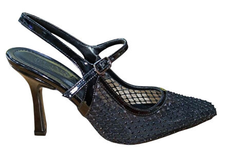 Flora 3025 Kadın Taşlı Fileli Abiye Ayakkabı Siyah