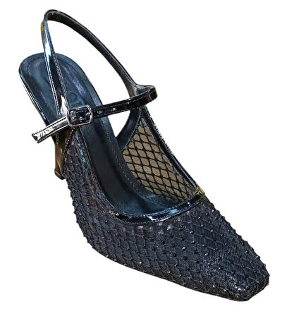 Flora 3025 Kadın Taşlı Fileli Abiye Ayakkabı Siyah