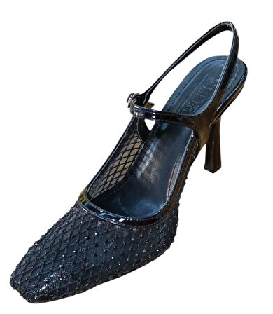 Flora 3025 Kadın Taşlı Fileli Abiye Ayakkabı Siyah