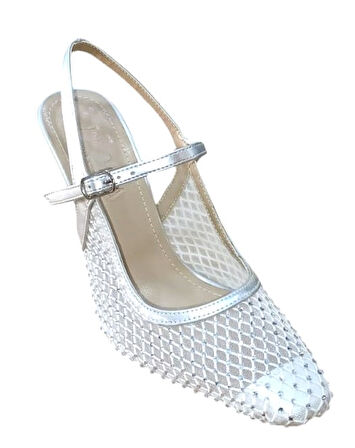 Flora 3025 Kadın Taşlı Fileli Abiye Ayakkabı Gümüş