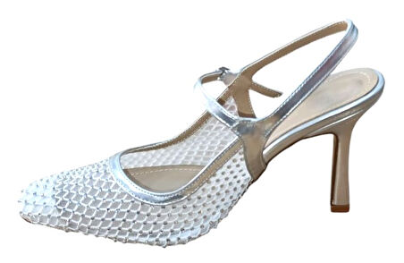 Flora 3025 Kadın Taşlı Fileli Abiye Ayakkabı Gümüş