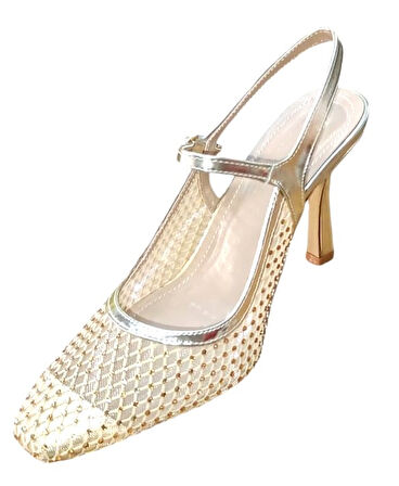 Flora 3025 Kadın Taşlı Fileli Abiye Ayakkabı Altın