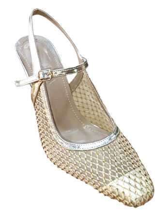 Flora 3025 Kadın Taşlı Fileli Abiye Ayakkabı Altın