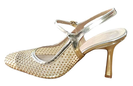 Flora 3025 Kadın Taşlı Fileli Abiye Ayakkabı Altın