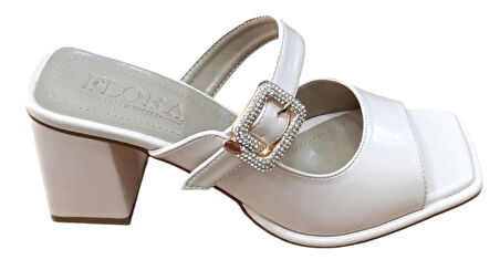 Flora 762 Kadın Kalın Topuklu Taşlı Tokalı Terlik Bej Rugan