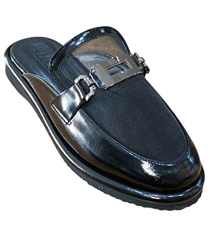 Flora 1111 Kadın Fileli Düz Taban Terlik Siyah Rugan