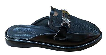 Flora 1111 Kadın Fileli Düz Taban Terlik Siyah Rugan