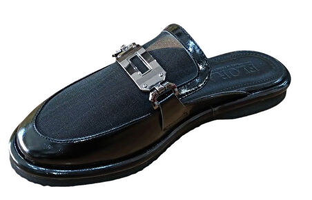 Flora 1111 Kadın Fileli Düz Taban Terlik Siyah Rugan