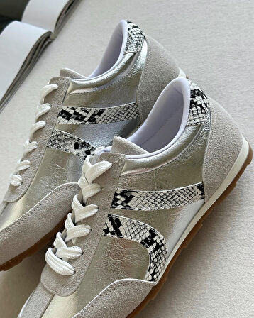 Gezegen 061 Kadın Düz Taban Günlük Sneaker Ayakkabı Taş - Gümüş