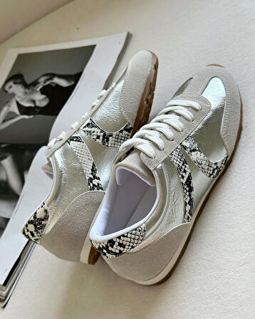 Gezegen 061 Kadın Düz Taban Günlük Sneaker Ayakkabı Taş - Gümüş