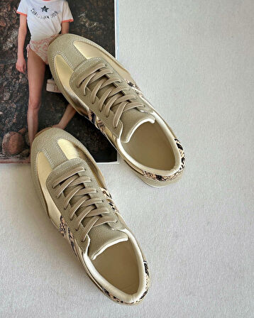 Gezegen 061 Kadın Düz Taban Günlük Sneaker Ayakkabı Ten - Altın