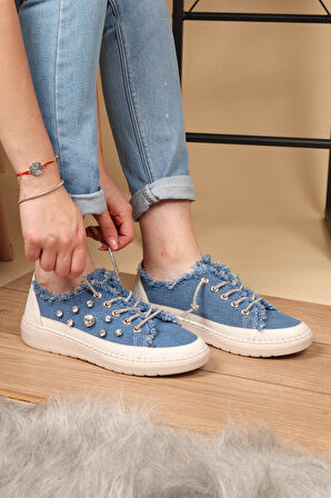 Aria 2408 Kadın Taşlı Kot Sneaker Ayakkabı Mavi