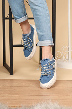Aria 2408 Kadın Taşlı Kot Sneaker Ayakkabı Mavi