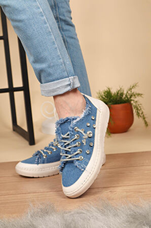 Aria 2408 Kadın Taşlı Kot Sneaker Ayakkabı Mavi