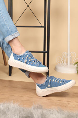Aria 2408 Kadın Taşlı Kot Sneaker Ayakkabı Mavi