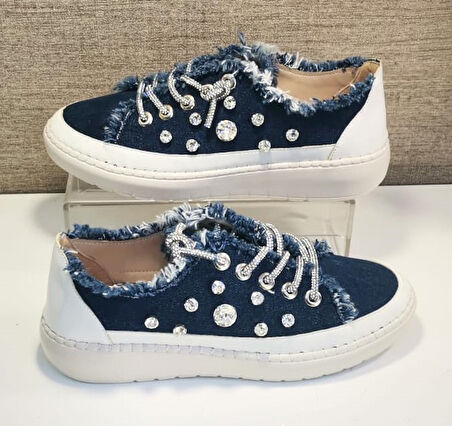 Aria 2408 Kadın Taşlı Kot Sneaker Ayakkabı Lacivert