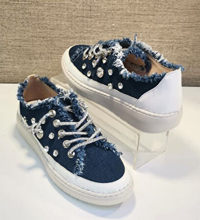 Aria 2408 Kadın Taşlı Kot Sneaker Ayakkabı Lacivert
