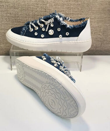 Aria 2408 Kadın Taşlı Kot Sneaker Ayakkabı Lacivert