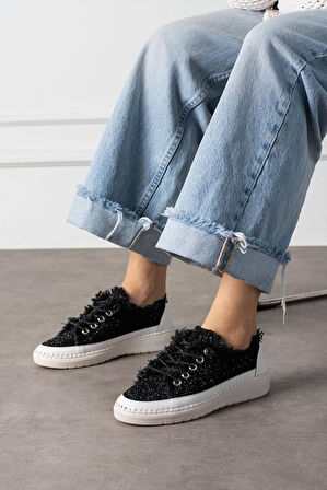 Aria 2410 Kadın Taşlı Kot Sneaker Ayakkabı Siyah