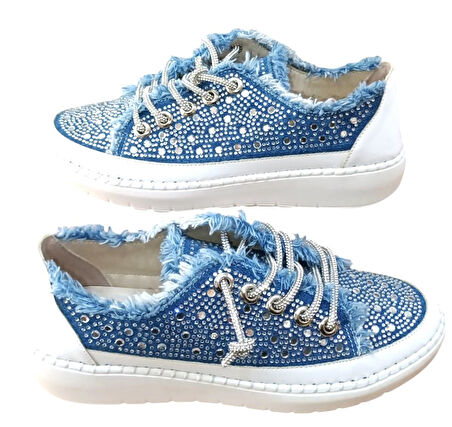 Aria 2410 Kadın Taşlı Kot Sneaker Ayakkabı Lacivert