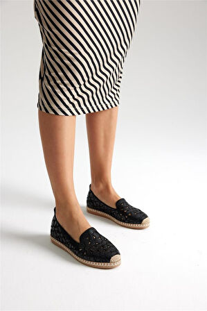 Green Mod 923 Kadın Hasırlı Nakışlı Espadril Babet Siyah