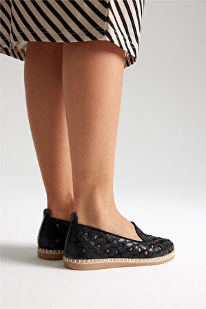 Green Mod 923 Kadın Hasırlı Nakışlı Espadril Babet Siyah