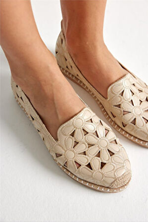 Green Mod 923 Kadın Hasırlı Nakışlı Espadril Babet Bej