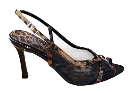 Mıcam 5750 Kadın Taşlı Tül Detaylı Önü Ve Arkası Açık Abiye Ayakkabı Leopar