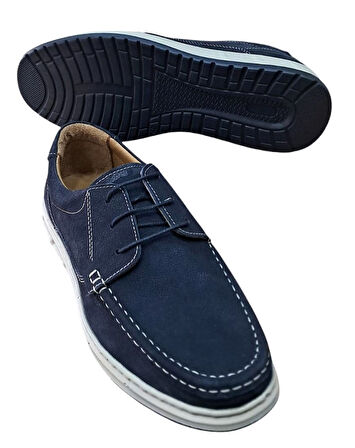 Wexperon W379 Erkek Hakiki Deri Bağcıklı Loafer Comfort Ayakkabı Nubuk Lacivert