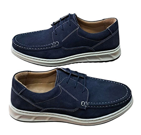 Wexperon W379 Erkek Hakiki Deri Bağcıklı Loafer Comfort Ayakkabı Nubuk Lacivert