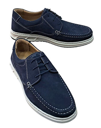 Wexperon W379 Erkek Hakiki Deri Bağcıklı Loafer Comfort Ayakkabı Nubuk Lacivert