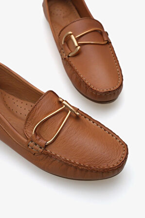 Esila E--25 Kadın Hakiki Deri Tokalı Günlük Babet Taba