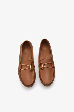 Esila E--25 Kadın Hakiki Deri Tokalı Günlük Babet Taba