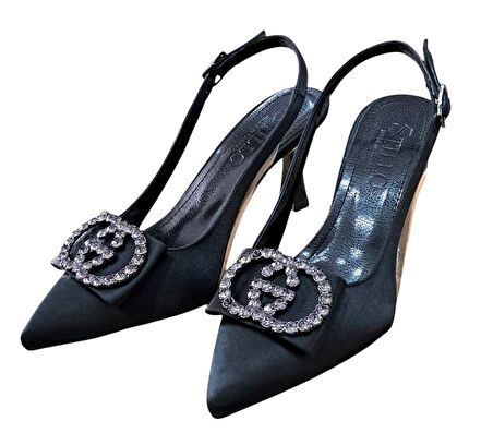 Stillo 33 Kadın Saten Taşlı Tokalı Arka Açık Kadeh Ökçe Stiletto Siyah