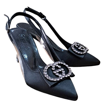 Stillo 33 Kadın Saten Taşlı Tokalı Arka Açık Kadeh Ökçe Stiletto Siyah